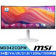 MSI微星 MD342CQPW 34型 2K VA護眼曲面螢幕-白 (21:9/1500R/120Hz/喇叭/可調式支架)