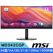 MSI微星 MD342CQP 34型 2K VA護眼曲面螢幕-黑 (21:9/1500R/120Hz/喇叭/可調式支架)