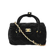 CHANEL VIP 限定金色CC Logo 絲絨菱格紋圓筒二用包 (黑色)