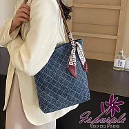 【iSPurple】潮流菱格 牛仔布時尚絲巾繫帶單肩個性女包/深藍色