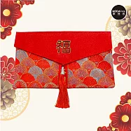 摩達客◉春節開運招財◉高級綢緞橫式小款金福字大吉大利扇葉流蘇藝術紅包袋錢包/單入