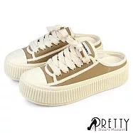 【Pretty】女 穆勒鞋 包頭拖鞋 懶人拖鞋 半拖鞋 帆布鞋 餅乾鞋 厚底 EU36 卡其色