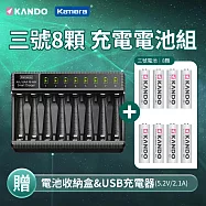 【3號充電電池套裝組】KANDO 鎳氫3號 AA充電電池 8入+ 液晶充電顯示 八槽充電器 E8 USB供電