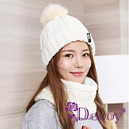 【Decoy】冬季暖心 毛線護耳加絨保暖針織帽+口罩圍脖二件套組/ 白色