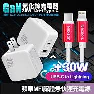 VOORCA精裝1C+1A孔35W氮化鎵充電器(白)+NEXSON 蘋果認證 Type-C to Lightning-紅色