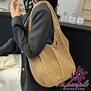 【iSPurple】草編鏤空*沙灘針織托特手提編織包/卡其