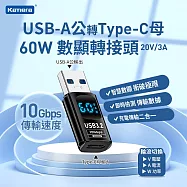 Kamera USB-A公 輸出 轉Type-C母 輸入 電流電壓功率數據顯示轉接頭-黑-60W/20V/3A 充電傳輸二合一 10Gbps高速傳輸轉接 即插即用