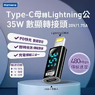 Kamera Type-C母輸入 轉Lightning公輸出 電流電壓功率數據顯示轉接頭-透明黑-35W/20V/1.75A PD2.0 快充 充電傳輸二合一