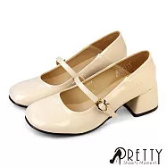 【Pretty】女 跟鞋 瑪莉珍鞋 小皮鞋 學院風 法式 復古 漆皮 粗跟 台灣製 JP24.5 米色