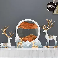 摩達客◉開運招財◉淺藍漸層山水雙鹿立體創意橙色流沙畫擺飾三件套組_客廳玄關臥室好風水好運勢