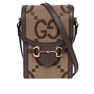 GUCCI Horsebit 1955 Jumbo GG 標誌緹花手機斜背包 (棕色)