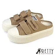 【Pretty】女 穆勒鞋 包頭拖鞋 懶人拖鞋 半拖鞋 帆布鞋 餅乾鞋 沾黏 厚底 EU36 卡其色