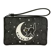 COACH CC Logo 萬聖節黑貓圖案塗層帆布手拿包 (炭灰色/黑色)