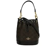 COACH 金色馬車標誌塗層帆布及皮革迷你水桶包 (胡桃木棕/黑色)