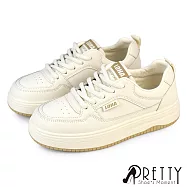 【Pretty】女 休閒鞋 板鞋 運動鞋 小白鞋 熊貓鞋 綁帶 平底 皮革 JP23 米色