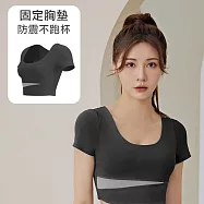 【STizi史堤茲】拚色短版短袖上衣 瑜珈服 運動服(SK-033) L 黑色