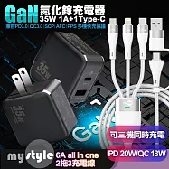VOORCA精裝1C+1A孔35W氮化鎵充電器(黑)+MyStyle 二出三 6用型快充線