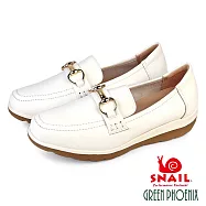 【SNAIL蝸牛】女 樂福鞋 包鞋 便鞋 厚底 楔型 真皮 輕量 金屬飾釦 EU35 米色