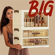 【太力】多功能桌上可折疊三層抽屜收納箱(1開門2抽屜) 白+透明茶