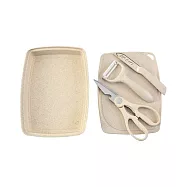 [野一夏] 馬卡龍小麥秸稈不鏽鋼刀具砧板5件組 環保輔食水果刀、食物剪、刨刀、砧板、果盤 -米色