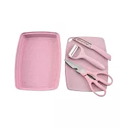 [野一夏] 馬卡龍小麥秸稈不鏽鋼刀具砧板5件組 環保輔食水果刀、食物剪、刨刀、砧板、果盤 -粉色