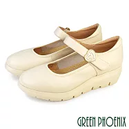 【GREEN PHOENIX】女 包鞋 便鞋 瑪莉珍 厚底 小坡跟 沾黏式 真皮 OL 通勤 EU34 米色