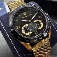 MASERATI瑪莎拉蒂精品錶,編號：R8873612010,46mm圓形金色精鋼錶殼黑色錶盤米蘭金色錶帶