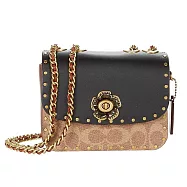 COACH 黑色金屬花釦鉚釘翻蓋小鍊條包-卡其黑