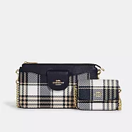 COACH 格紋鍊條子母包-深藍白格紋