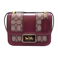 COACH SIGNATURE織布拼接皮革蛇皮紋LOGO按釦斜背包-卡其酒紅