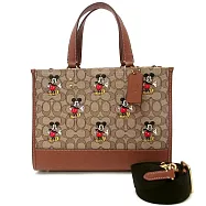 COACH x 迪士尼聯名款 大款經典LOGO織布米奇方包/兩用包-卡其駝