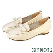 【GREEN PHOENIX】女 樂福鞋 小皮鞋 包鞋 便鞋 內增高 蝴蝶結 真皮 牛皮 EU35 米色