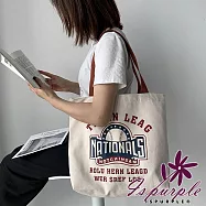 【iSPurple】拼字棒球 大容量購物手提肩背帆布包/米黃大款式