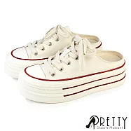 【Pretty】女 穆勒鞋 懶人拖鞋 半拖鞋 休閒拖鞋 帆布 厚底 EU36 米色