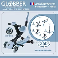【GLOBBER 哥輪步】法國5合1奶油系夢幻版360度多功能三輪滑板車-四色可選(白光發光前輪、滑步車、滑板車) 霧霾灰藍