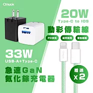 【amuok】33W GaN 雙孔快充頭(黑)+20W動彩TC to IOS快充線*2 綠色充電線