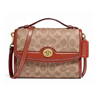 COACH 滿版LOGO拼接皮革翻蓋兩用包-駝磚紅