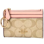 COACH 滿版LOGO拼接皮革卡片零錢包 米粉