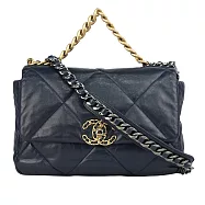 CHANEL Chanel 19金色CC Logo三色鍊帶菱格紋口蓋包_展示品 (深藍色)