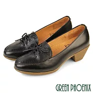 【GREEN PHOENIX】女 包鞋 跟鞋 牛津鞋 粗跟 雷射雕花 綁帶 全真皮 台灣製 EU39 黑色