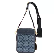 COACH 滿版LOGO織布拼接皮革方形斜背包-深藍
