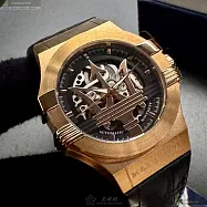 MASERATI瑪莎拉蒂精品錶,編號：R8821108002,42mm六角形玫瑰金精鋼錶殼機械鏤空錶盤真皮皮革深黑色錶帶