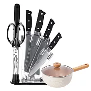 【金永利鋼刀】7件時尚刀具禮盒組+LMG 錘紋不沾雪平鍋20cm(電木切刀/剁刀/水果刀/三德刀/剪刀/磨刀棒)