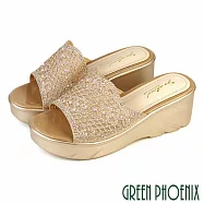 【GREEN PHOENIX】女 拖鞋 楔型 厚底 輕量 水鑽 透膚 鏤空 雕花 JP24 金色