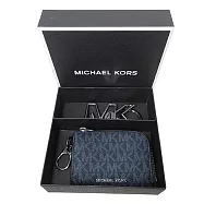 MICHAEL KORS 經典老花零錢包+LOGO金屬吊飾禮盒-深藍