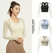 【STizi史堤茲】假兩件網紗背心式上衣 瑜珈服 運動服(SK-044) M 米白