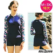 Heatwave熱浪 加大連身萊克泳裝 長袖防曬浮潛裝(M-3XL)3110 藍M號