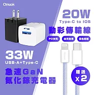 【amuok】33W GaN 雙孔快充頭(白)+20W動彩TC to IOS快充線*2 (100cm)- 紫色