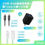 【amuok】33W GaN 雙孔快充頭(黑)+60W卓效 雙Type-C快充線(100cm)(黑)+20W動彩TC to IOS快充線(100cm)(綠)- 黑色
