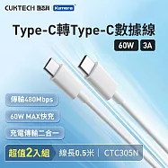 CUKTECH 酷態科 Type-C轉Type-C 60W 快充電傳輸數據線CTC305N (2入組)3A 白色 50cm PD快充線 適用手機筆電Switch三星/小米
